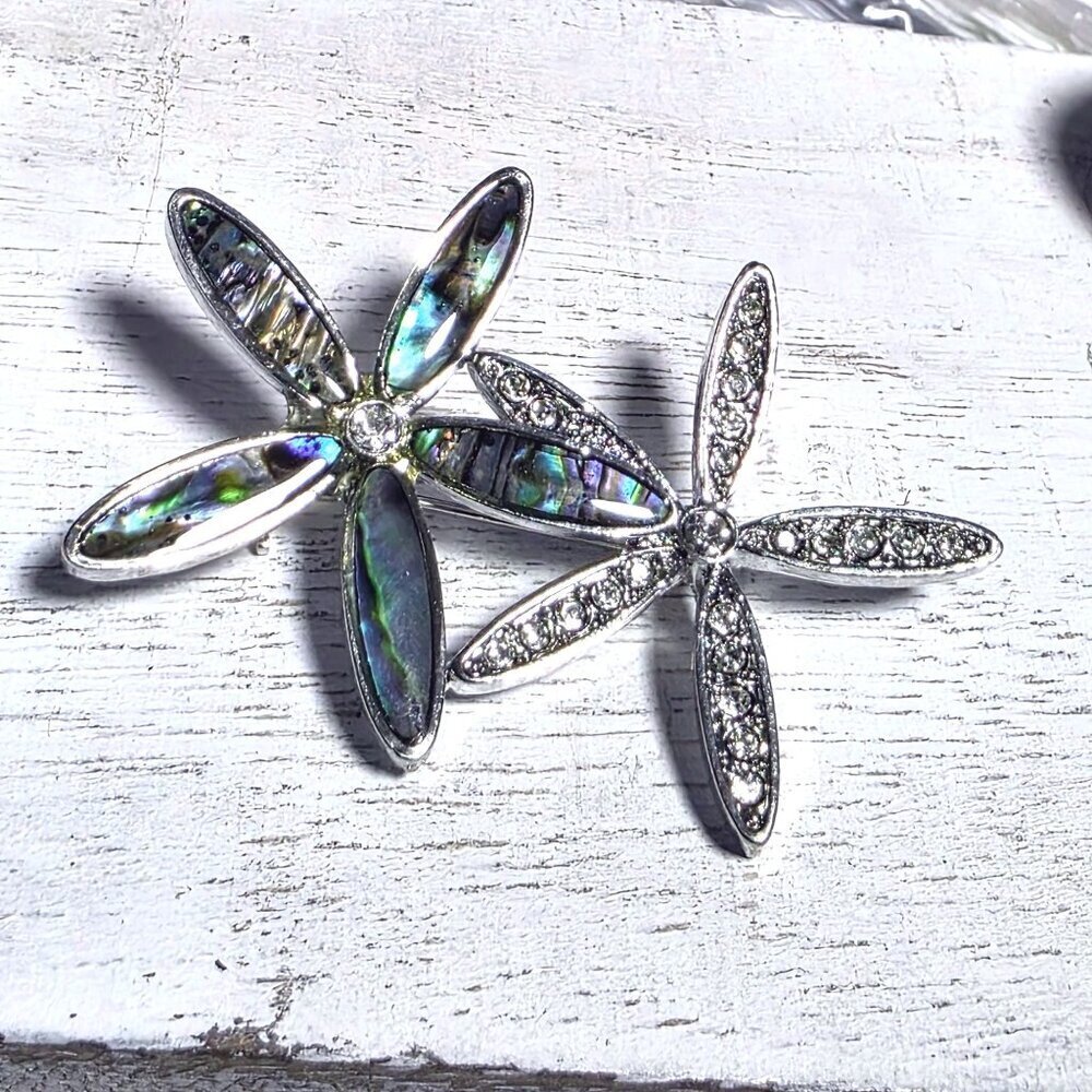 CZ Crystal Flowers Paua Abalone Shell Silver Rhodium Plate Brooch Sweater Pin - Picture 4 of 9